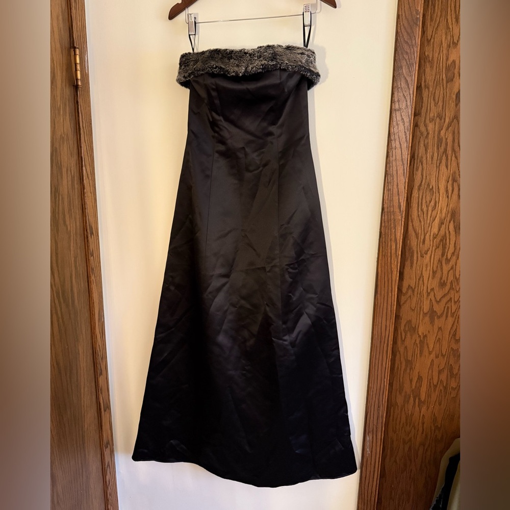 Jessica McClintock Black Strapless Dress with Fur Trim Holiday Mobwife Vintage